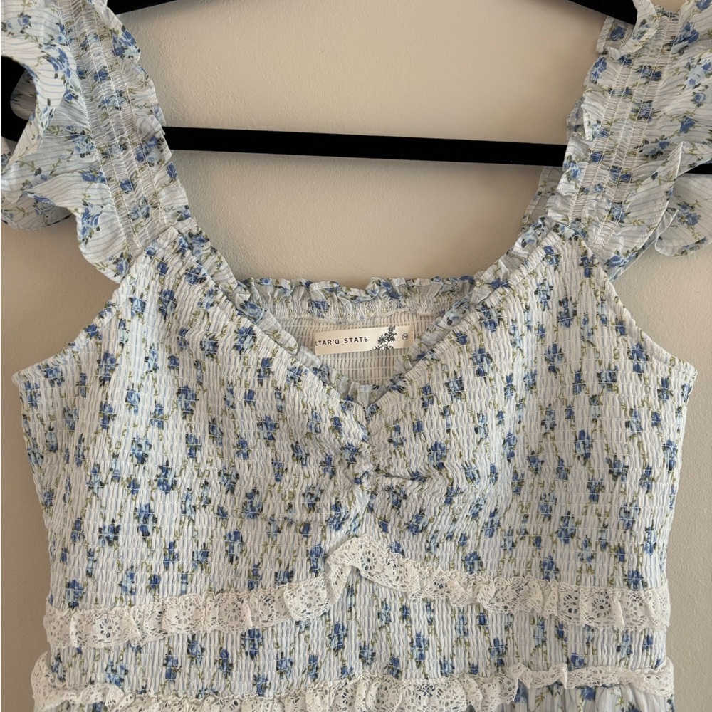 Altar'd State White and Light Blue Floral Ruffle-Shoulder Mini Dres, Size M - Picture 3 of 6